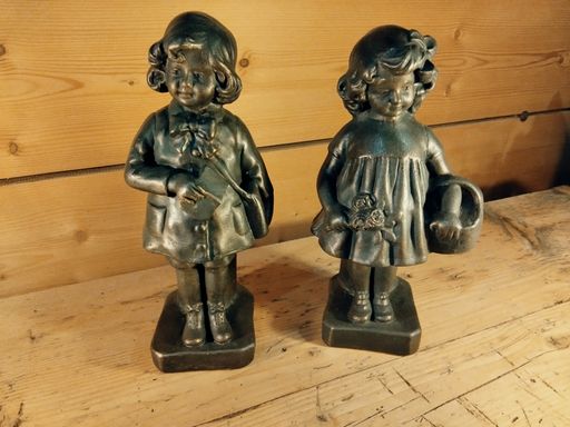 anciennes statuette plâtre enfant, garçon fille patinées