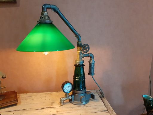 création  lampe steampunk , isolateur en verre et abat jour en verre