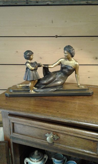 ancienne sculpture en plâtre, femme et enfant Ugo Cipriani, Art déco